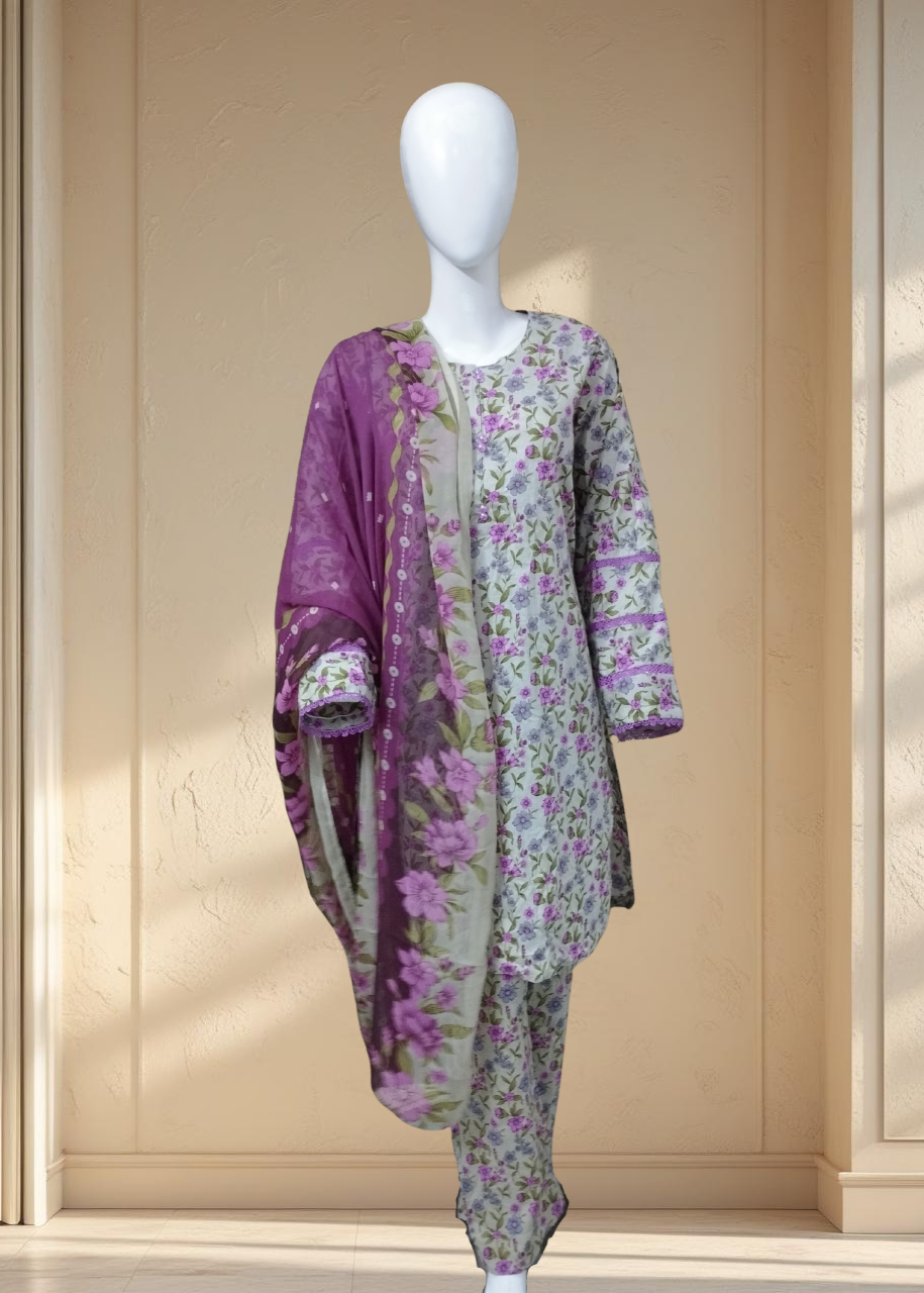 Bloom 02 – 3PC Printed Lawn Suit with Matching Lace & Chiffon Dupatta | Qasrelibas