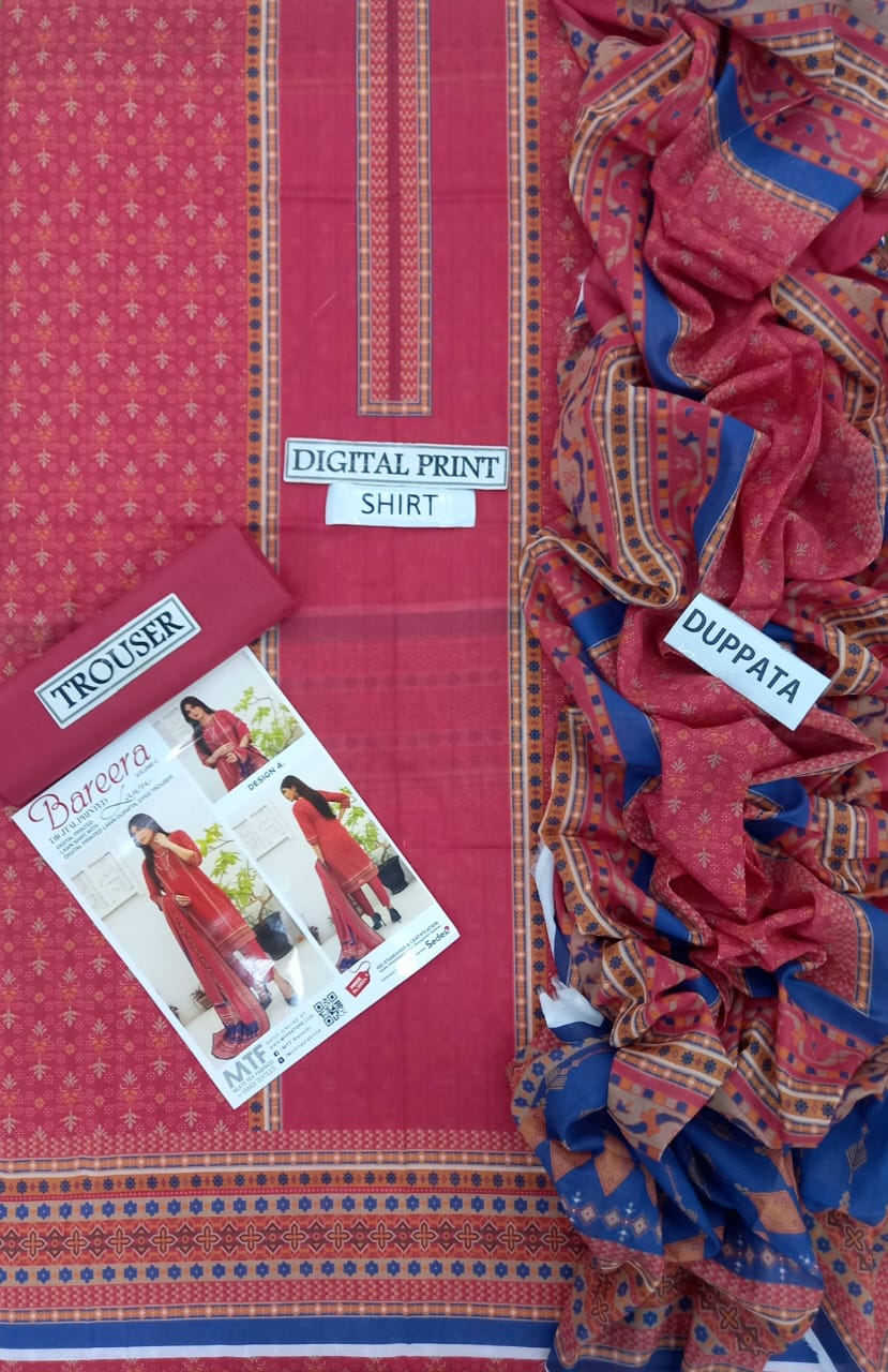 Bareera D4 Digital Printed Unstitched 3PC Lawn Suit with Dupatta – Qasrelibas