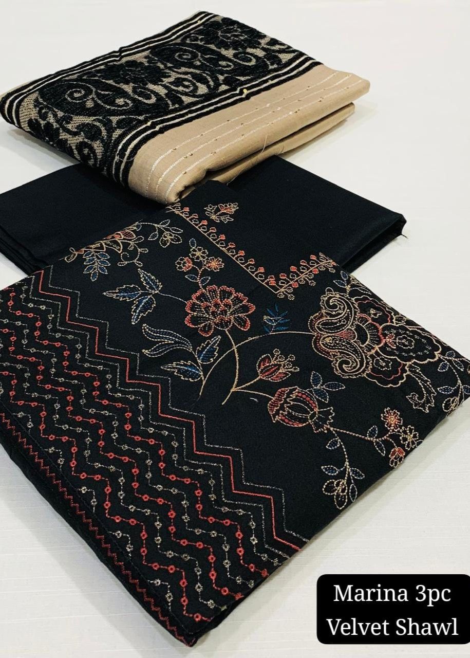 Embroidered Black Marina Unstitched 3PC Suit with Velvet Shawl | Qasrelibas