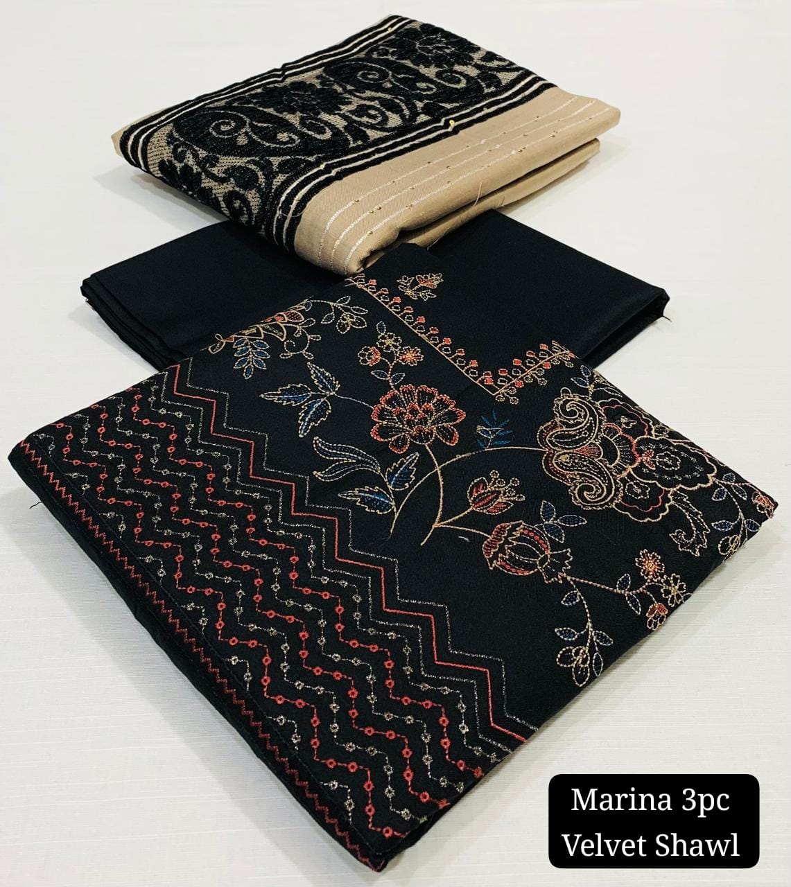 Embroidered Black Marina Unstitched 3PC Suit with Velvet Shawl | Qasrelibas