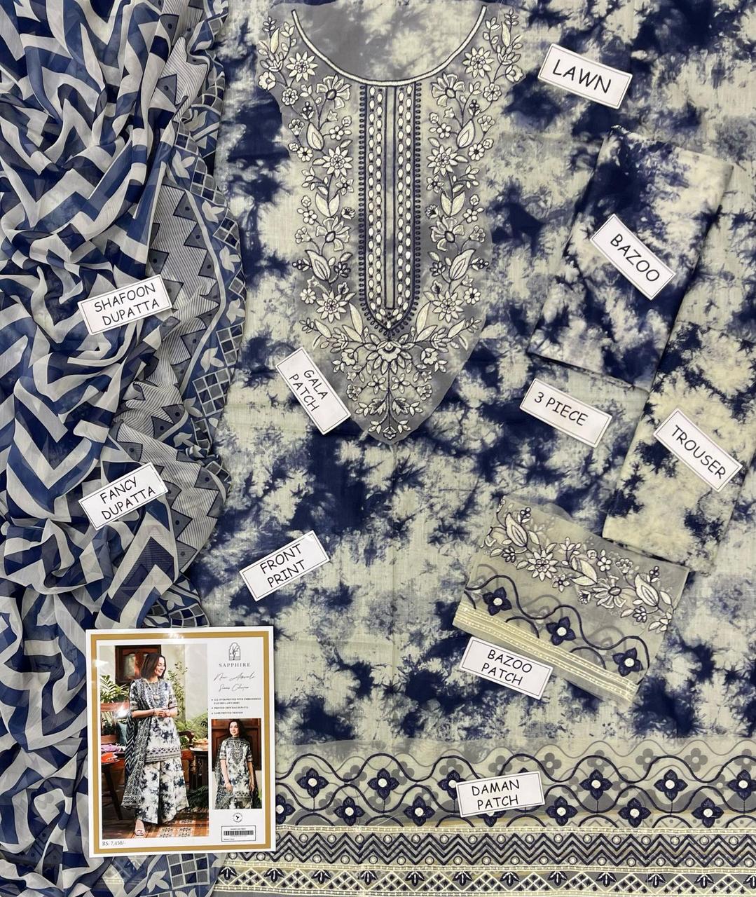 Digital Printed & Embroidered Unstitched 3PC Lawn Suit with Chiffon Dupatta – Qasrelibas