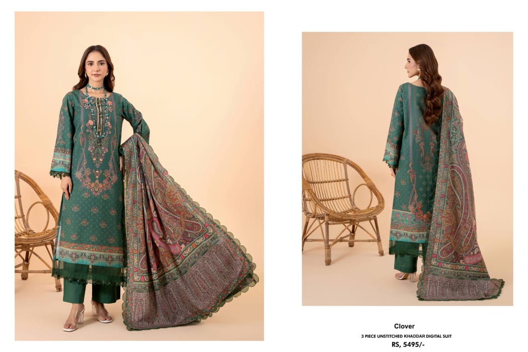 Digital Printed Khaddar Unstitched 3PC Suit with Dupatta – Clover | Qasrelibas