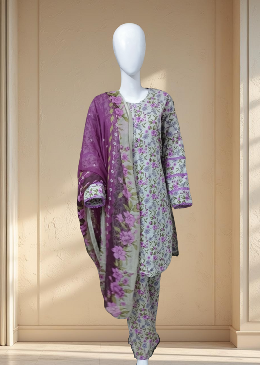 Bloom 02 – 3PC Printed Lawn Suit with Matching Lace & Chiffon Dupatta | Qasrelibas