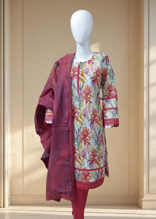 Bloom 06 – 3PC Digital Printed Lawn Suit with Matching Lace Detailing | Qasrelibas