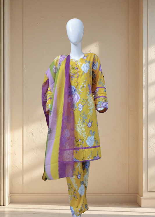 Bloom 01 – Elegant 3PC Printed Lawn Suit with Matching Lace Detailing