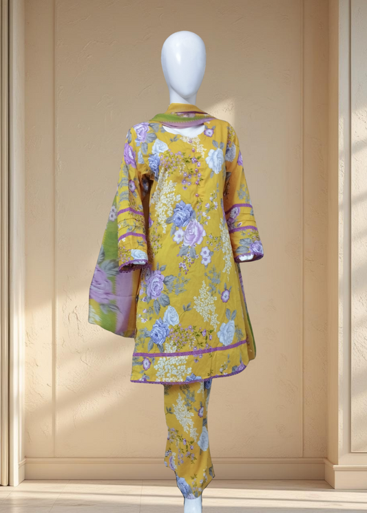 Bloom 01 – Elegant 3PC Printed Lawn Suit with Matching Lace Detailing