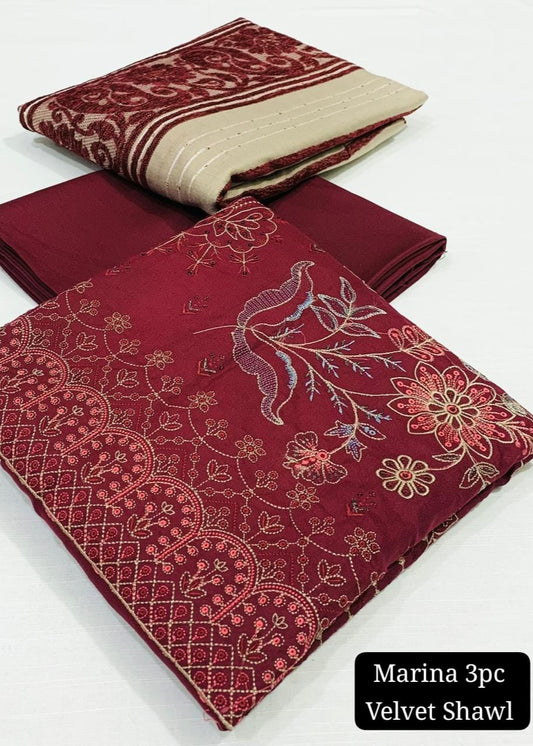 Embroidered Marina Unstitched 3PC Suit with Velvet Shawl | Qasrelibas