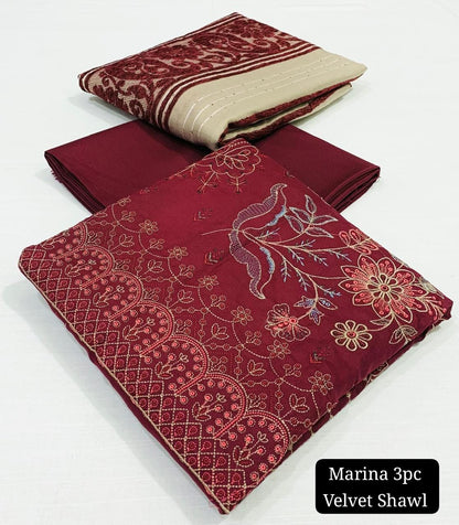 Embroidered Marina Unstitched 3PC Suit with Velvet Shawl | Qasrelibas
