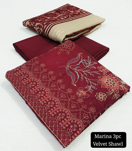 Embroidered Marina Unstitched 3PC Suit with Velvet Shawl | Qasrelibas