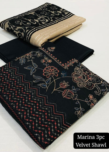 Embroidered Black Marina Unstitched 3PC Suit with Velvet Shawl | Qasrelibas