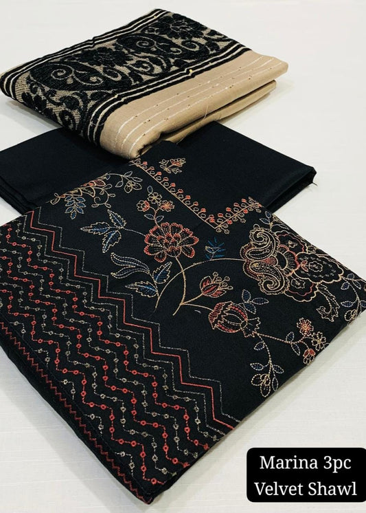 Embroidered Black Marina Unstitched 3PC Suit with Velvet Shawl | Qasrelibas