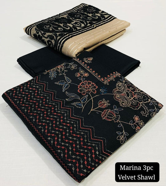 Embroidered Black Marina Unstitched 3PC Suit with Velvet Shawl | Qasrelibas