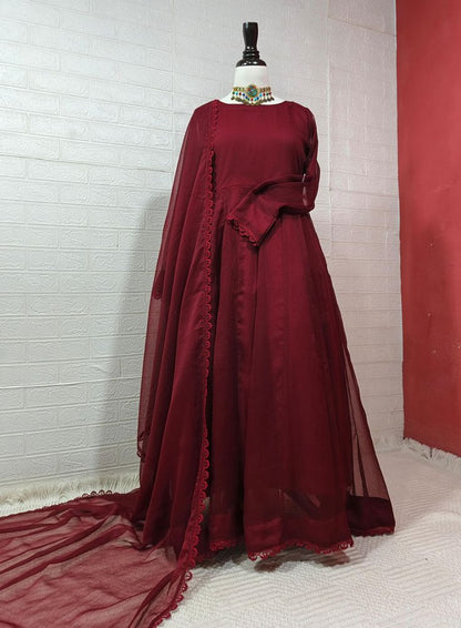 Grace 02 – 3PC Chiffon Frock Suit with Lace Trim & Dupatta | Qasrelibas