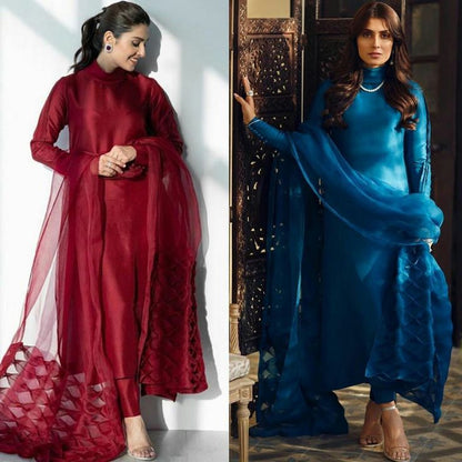 Grace 06 — 3PC Stitched Silk Suit with Button Detailing & Organza Dupatta | Qasrelibas
