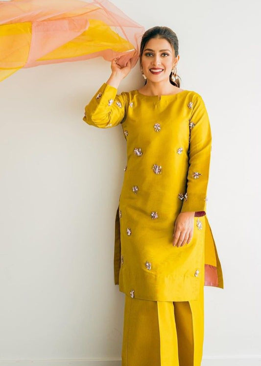 Grace 05 — 3PC Stitched Raw Silk Suit with Stone Work & Organza Dupatta | Qasrelibas