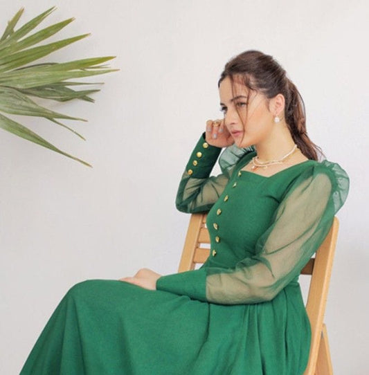 Grace 10 — 2PC Stitched Georgette Frock Set with Organza Puff Sleeves & Capri Trouser | Qasrelibas