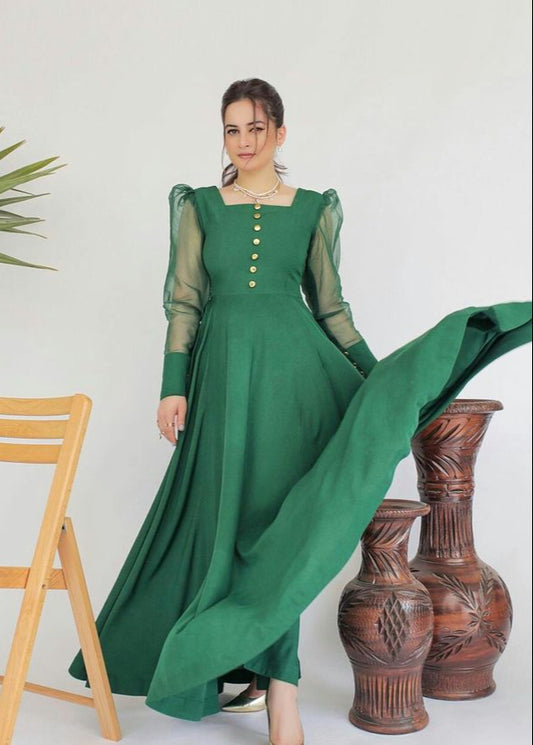 Grace 10 — 2PC Stitched Georgette Frock Set with Organza Puff Sleeves & Capri Trouser | Qasrelibas