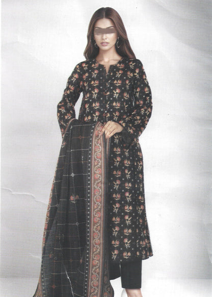 Printed Black Khaddar Unstitched 3PC Suit with Premium Dupatta | Qasrelibas