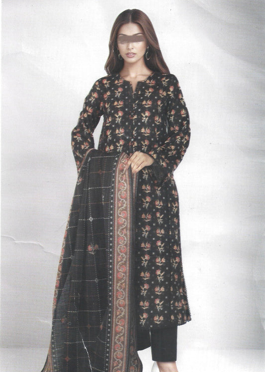 Printed Black Khaddar Unstitched 3PC Suit with Premium Dupatta | Qasrelibas
