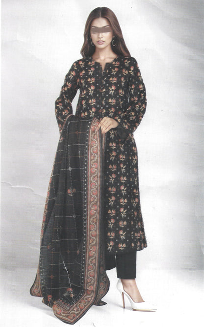 Printed Black Khaddar Unstitched 3PC Suit with Premium Dupatta | Qasrelibas