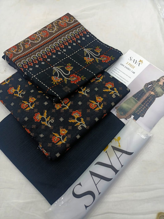 Printed Black Khaddar Unstitched 3PC Suit with Premium Dupatta | Qasrelibas