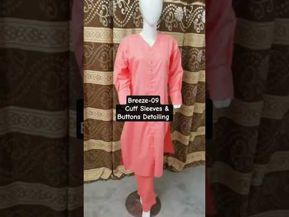 Breeze 09 – 2PC Lawn Suit with Long Open Shirt, Cuff Sleeves & Button Detailing | Qasrelibas